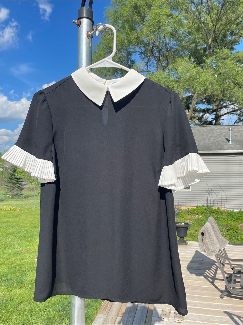 Black Pleated Sleeve Blouse with White Collar